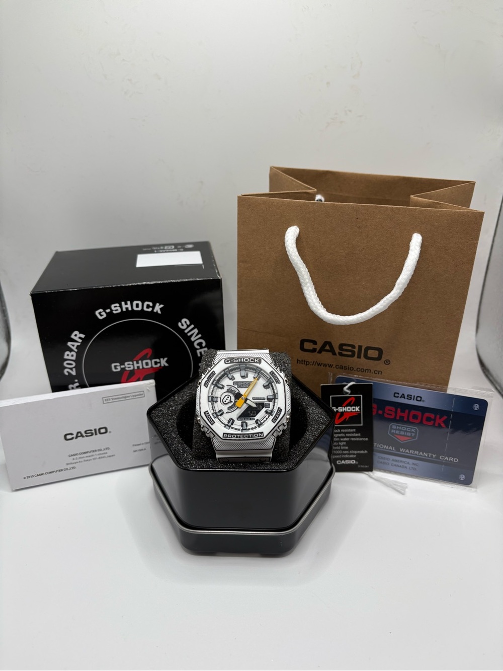 G-Shock Men's White and Silver Analog-Digital Sport Watch with Yellow Accent